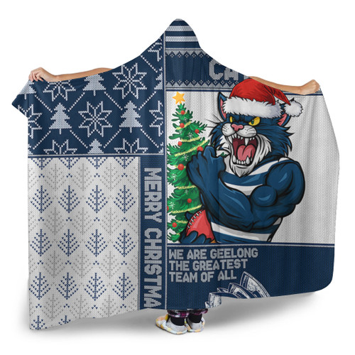 Geelong Cats Hooded Blanket Christmas Magic Knit Style Winter Glow