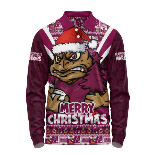 Queensland Maroons Long Sleeve Polo Shirt Merry Christmas Festive Spirit Edition