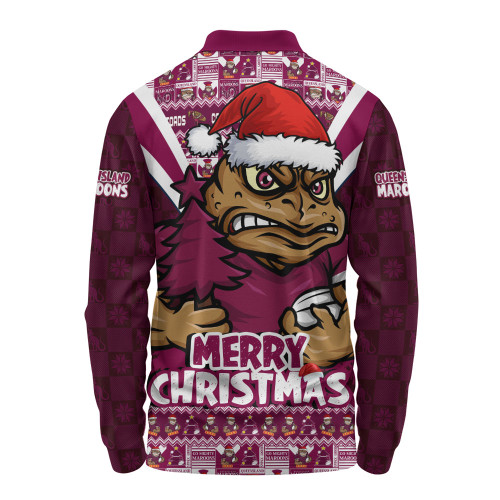 Queensland Maroons Long Sleeve Polo Shirt Merry Christmas Festive Spirit Edition