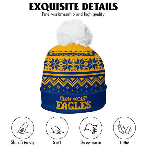 West Coast Eagles Bobble Beanie Hat Merry Christmas Knit Edition For United Fans