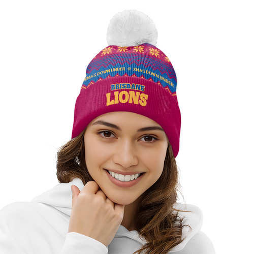 Brisbane Lions Bobble Beanie Hat Merry Christmas United Fans Festive Knit Style