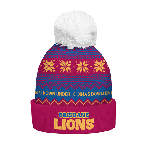Brisbane Lions Bobble Beanie Hat Merry Christmas United Fans Festive Knit Style