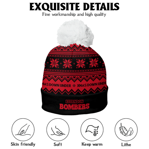 Essendon Bobble Beanie Hat Merry Christmas United Fans Festive Knit Style