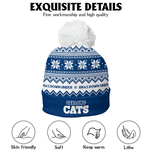 Geelong Cats Bobble Beanie Hat Merry Christmas United Fans Festive Knit Style