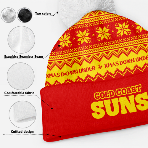Gold Coast SUNS Bobble Beanie Hat Merry Christmas United Fans Festive Knit Style