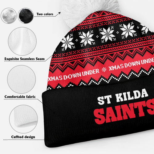 St Kilda Bobble Beanie Hat Merry Christmas United Fans Festive Knit Style