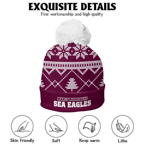 Manly Warringah Sea Eagles Bobble Beanie Hat Merry Christmas Game Ready Team Knit Edition