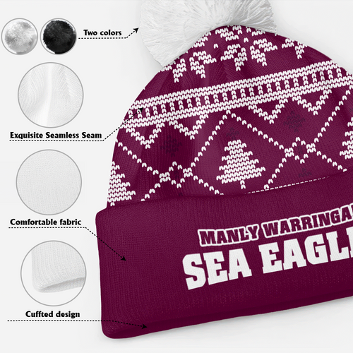 Manly Warringah Sea Eagles Bobble Beanie Hat Merry Christmas Game Ready Team Knit Edition