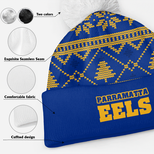Parramatta Eels Bobble Beanie Hat Merry Christmas Game Ready Team Knit Edition