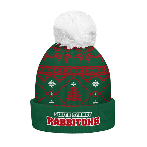 South Sydney Rabbitohs Bobble Beanie Hat Merry Christmas Game Ready Team Knit Edition
