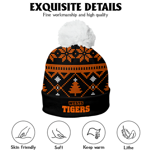 Wests Tigers Bobble Beanie Hat Merry Christmas Game Ready Team Knit Edition
