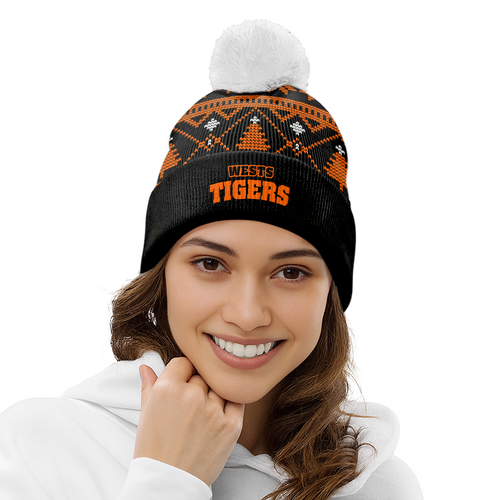 Wests Tigers Bobble Beanie Hat Merry Christmas Game Ready Team Knit Edition