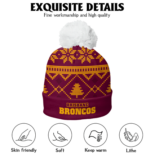 Brisbane Broncos Bobble Beanie Hat Merry Christmas Game Ready Team Knit Edition