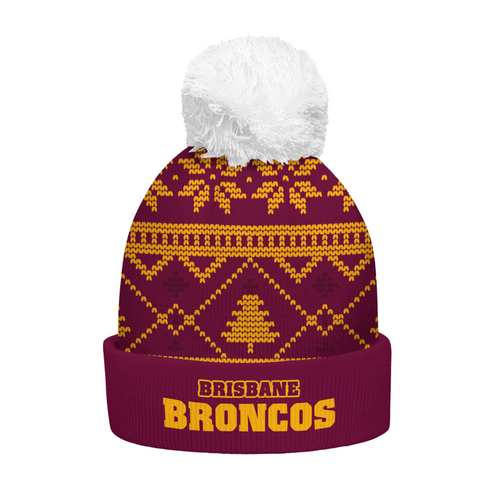 Brisbane Broncos Bobble Beanie Hat Merry Christmas Game Ready Team Knit Edition