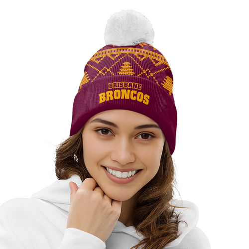 Brisbane Broncos Bobble Beanie Hat Merry Christmas Game Ready Team Knit Edition