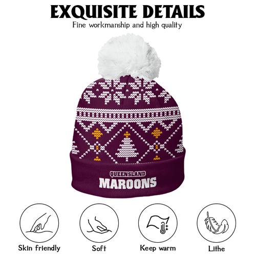 Queensland Maroons Bobble Beanie Hat Merry Christmas Game Ready Team Knit Edition