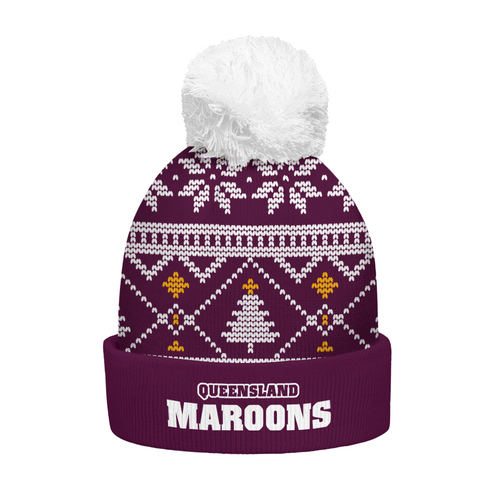 Queensland Maroons Bobble Beanie Hat Merry Christmas Game Ready Team Knit Edition