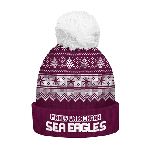 Manly Warringah Sea Eagles Bobble Beanie Hat Merry Christmas Heritage Team Spirit Knit Edition