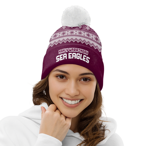 Manly Warringah Sea Eagles Bobble Beanie Hat Merry Christmas Heritage Team Spirit Knit Edition