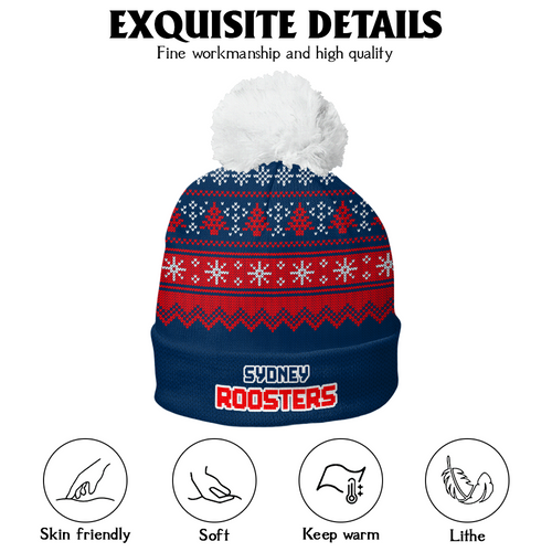 Sydney Roosters Bobble Beanie Hat Merry Christmas Heritage Team Spirit Knit Edition