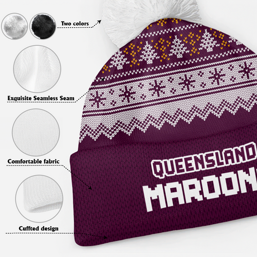 Queensland Maroons Bobble Beanie Hat Merry Christmas Heritage Team Spirit Knit Edition