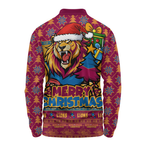 Brisbane Lions Long Sleeve Polo Shirt Festive Holiday Merry Christmas Vibe