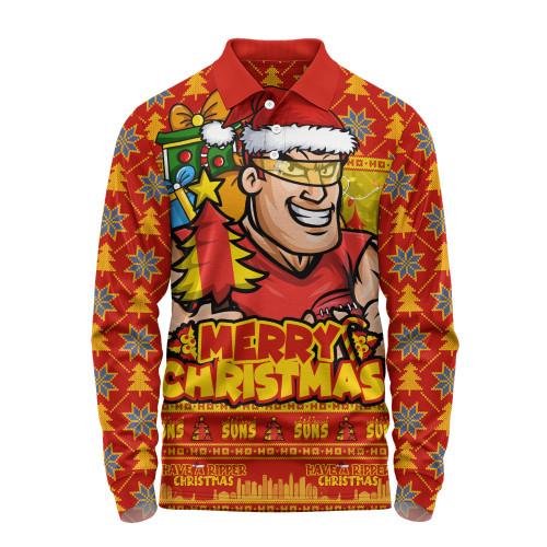 Gold Coast SUNS Long Sleeve Polo Shirt Festive Holiday Merry Christmas Vibe