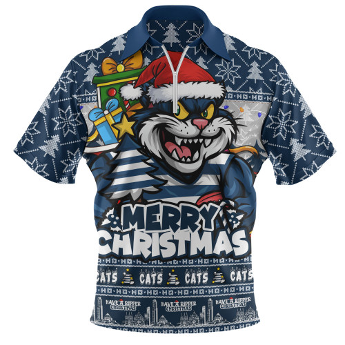 Geelong Cats Zip Polo Shirt Festive Holiday Merry Christmas Vibe