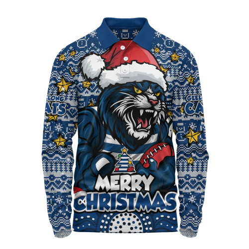 Geelong Cats Long Sleeve Polo Shirt Ugly Christmas Knit Patterns Vintage Jersey