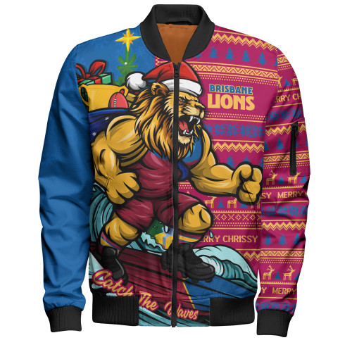 Brisbane Lions Bomber Jacket Christmas Holiday Santa Rides The Waves
