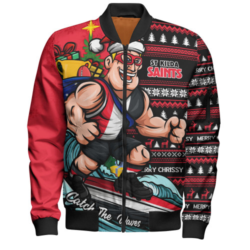St Kilda Bomber Jacket Christmas Holiday Santa Rides The Waves