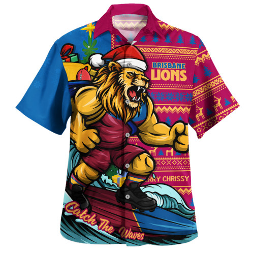 Brisbane Lions Hawaiian Shirt Christmas Holiday Santa Rides The Waves