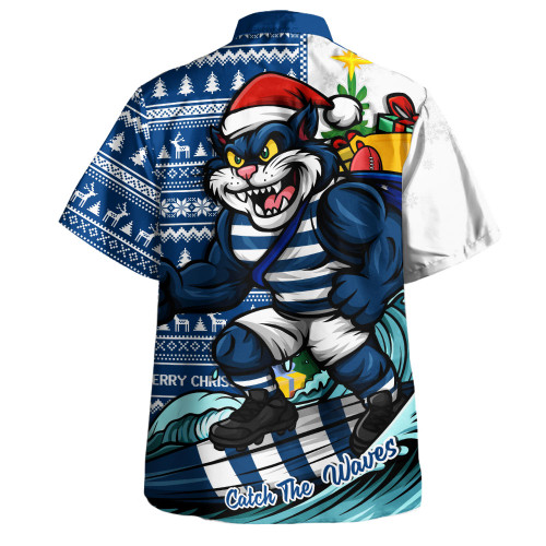 Geelong Cats Hawaiian Shirt Christmas Holiday Santa Rides The Waves