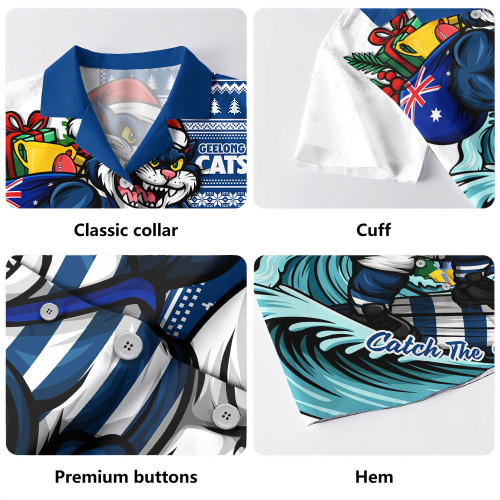 Geelong Cats Hawaiian Shirt Christmas Holiday Santa Rides The Waves