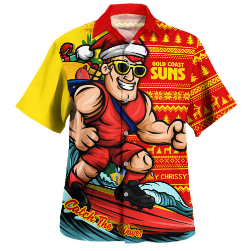 Gold Coast SUNS Hawaiian Shirt Christmas Holiday Santa Rides The Waves