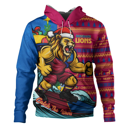 Brisbane Lions Hoodie Christmas Holiday Santa Rides The Waves