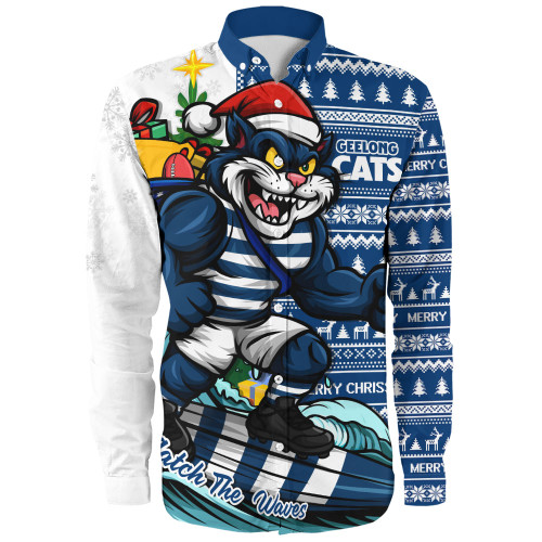 Geelong Cats Long Sleeve Shirt Christmas Holiday Santa Rides The Waves