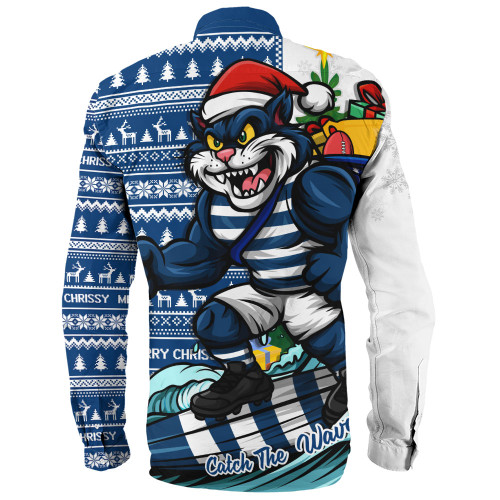 Geelong Cats Long Sleeve Shirt Christmas Holiday Santa Rides The Waves