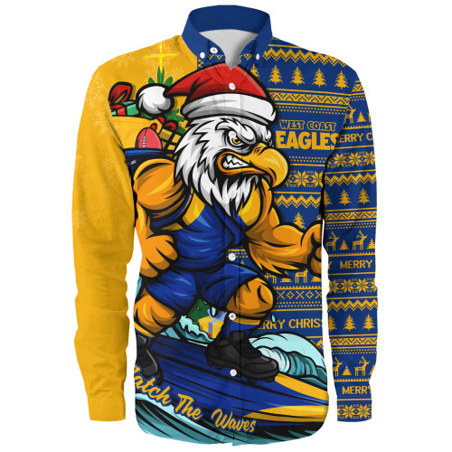 West Coast Eagles Long Sleeve Shirt Christmas Holiday Santa Rides The Waves