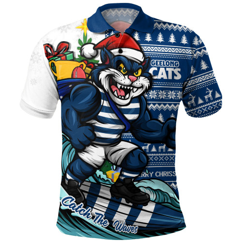 Geelong Cats Polo Shirt Christmas Holiday Santa Rides The Waves