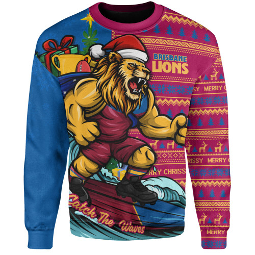 Brisbane Lions Sweatshirt Christmas Holiday Santa Rides The Waves