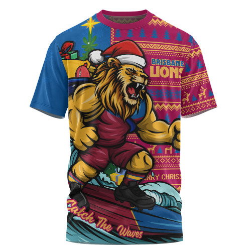 Brisbane Lions T-Shirt Christmas Holiday Santa Rides The Waves