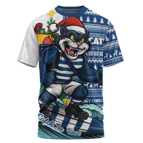 Geelong Cats T-Shirt Christmas Holiday Santa Rides The Waves