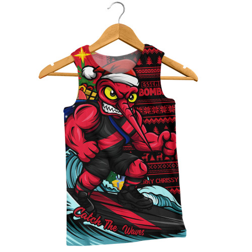 Essendon Men Singlet Christmas Holiday Santa Rides The Waves