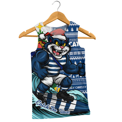Geelong Cats Men Singlet Christmas Holiday Santa Rides The Waves