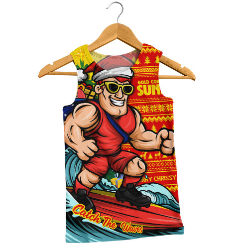 Gold Coast SUNS Men Singlet Christmas Holiday Santa Rides The Waves