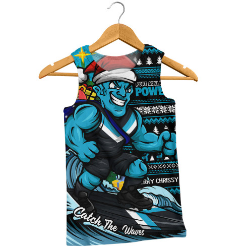Port Adelaide Men Singlet Christmas Holiday Santa Rides The Waves