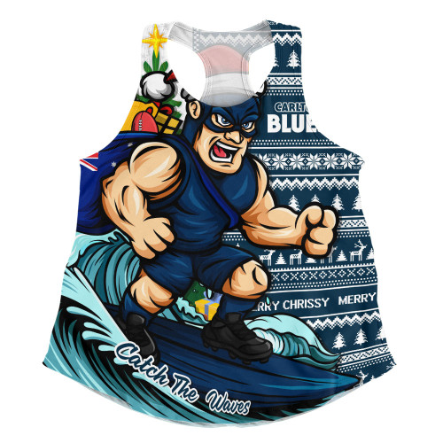 Carlton Women Racerback Singlet Christmas Holiday Santa Rides The Waves