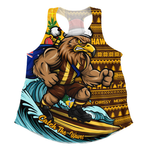 Hawthorn Women Racerback Singlet Christmas Holiday Santa Rides The Waves