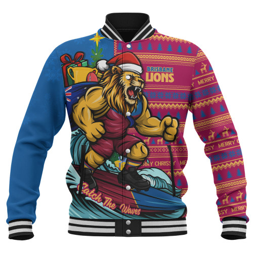 Brisbane Lions Baseball Jacket Christmas Holiday Santa Rides The Waves